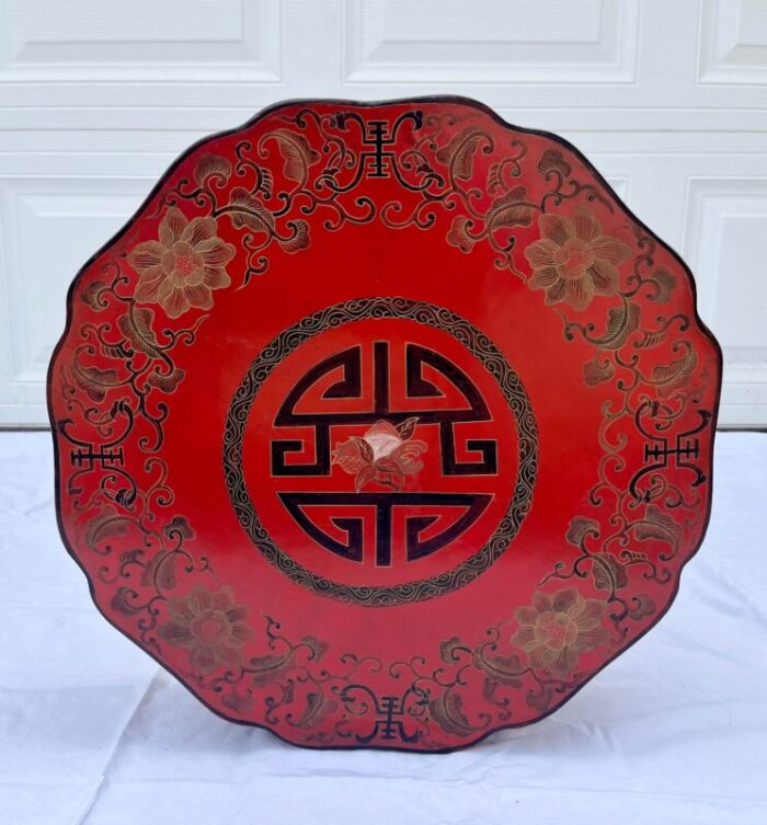 large antique chinese red lacquered round box 3802