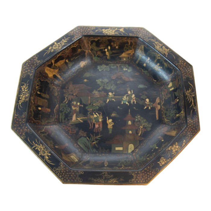 large ceramic chinese platter in black gilt hand painted octagonal shape 1940s 9492