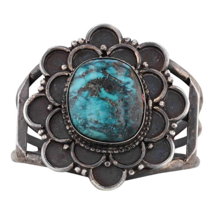 large turquoise flower statement cuff bracelet silver vintage native american 1083