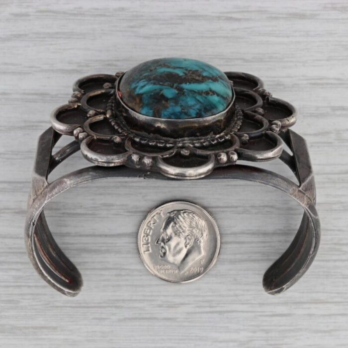 large turquoise flower statement cuff bracelet silver vintage native american 4640