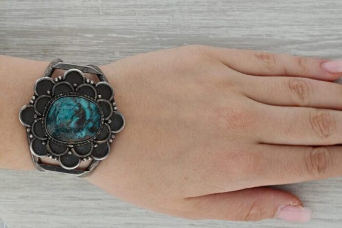 large turquoise flower statement cuff bracelet silver vintage native american 4871