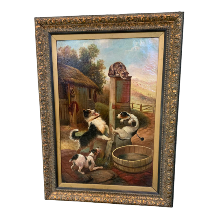 late 18th century antique oil on canvas painting of three dogs and cat framed 2877