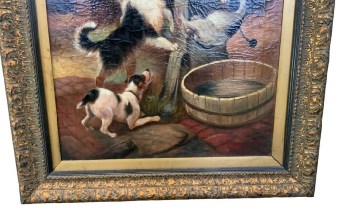 late 18th century antique oil on canvas painting of three dogs and cat framed 6156