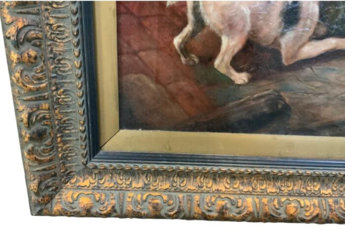 late 18th century antique oil on canvas painting of three dogs and cat framed 7283