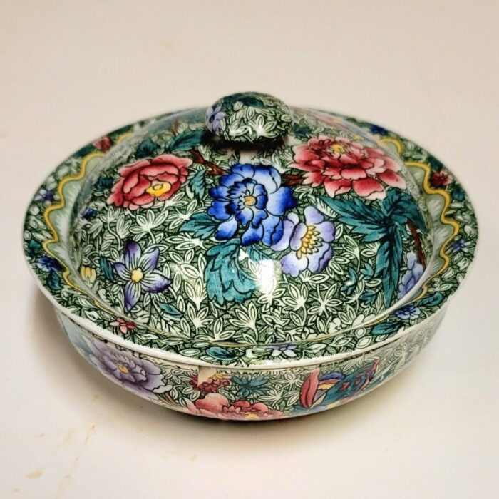 late 19th century spode copeland green chintz king pattern 3 piece bowl with pierced insert and lid 3816