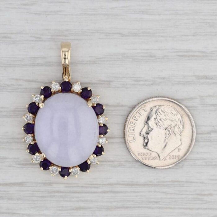 lavender jadeite jade 156ctw amethyst diamond halo pendant 14k yellow gold 0713