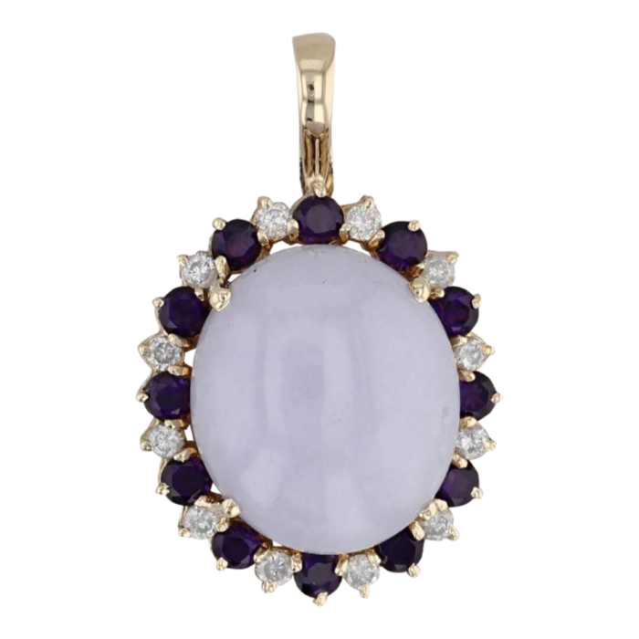 lavender jadeite jade 156ctw amethyst diamond halo pendant 14k yellow gold 8566