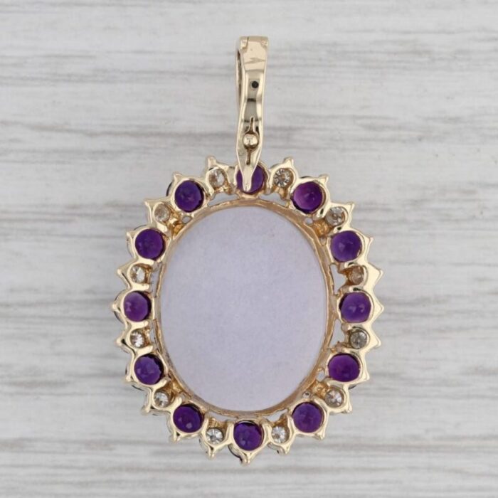 lavender jadeite jade 156ctw amethyst diamond halo pendant 14k yellow gold 9274