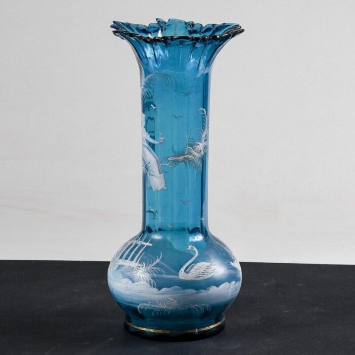 liberty vase in blue glass with hand painted bucolic scene mary gregory 1900s 0713