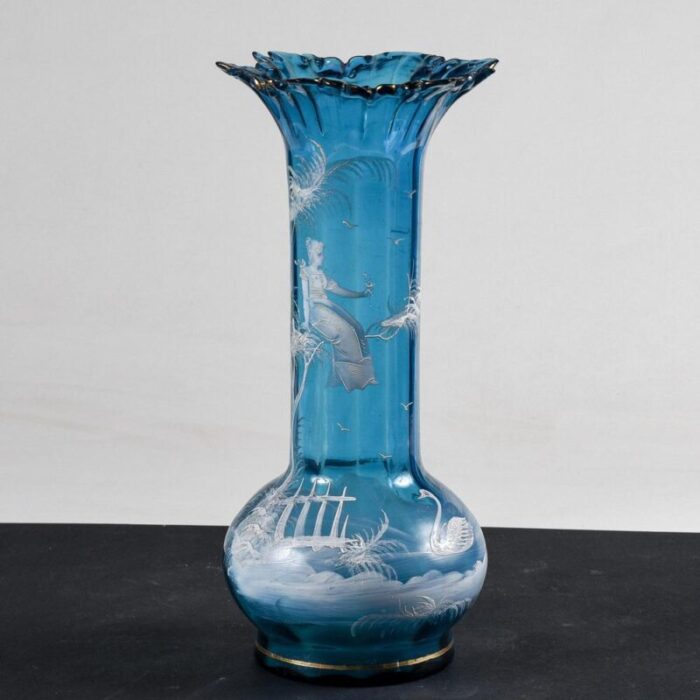 liberty vase in blue glass with hand painted bucolic scene mary gregory 1900s 1732