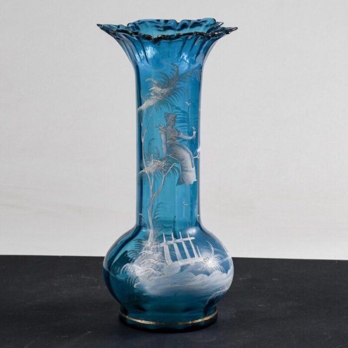 liberty vase in blue glass with hand painted bucolic scene mary gregory 1900s 6866