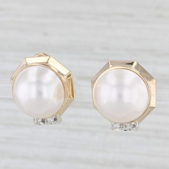 mabe cultured pearl diamond stud earrings 14k yellow gold omega backs 1371