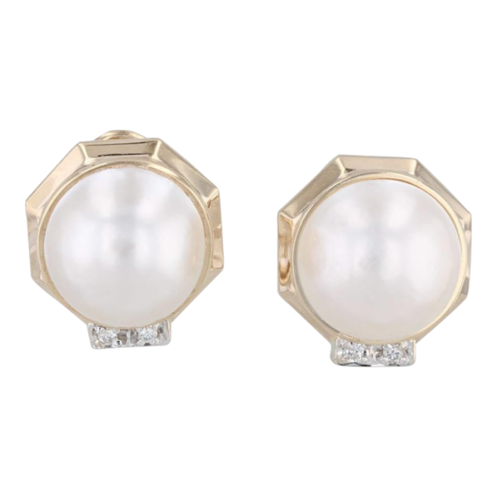 mabe cultured pearl diamond stud earrings 14k yellow gold omega backs 5144