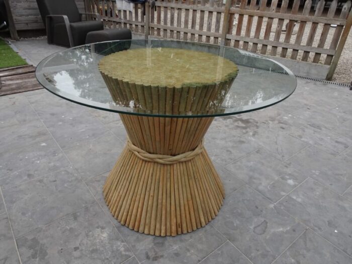 mc guire bamboo rattan and glass dining table 1970s 0938