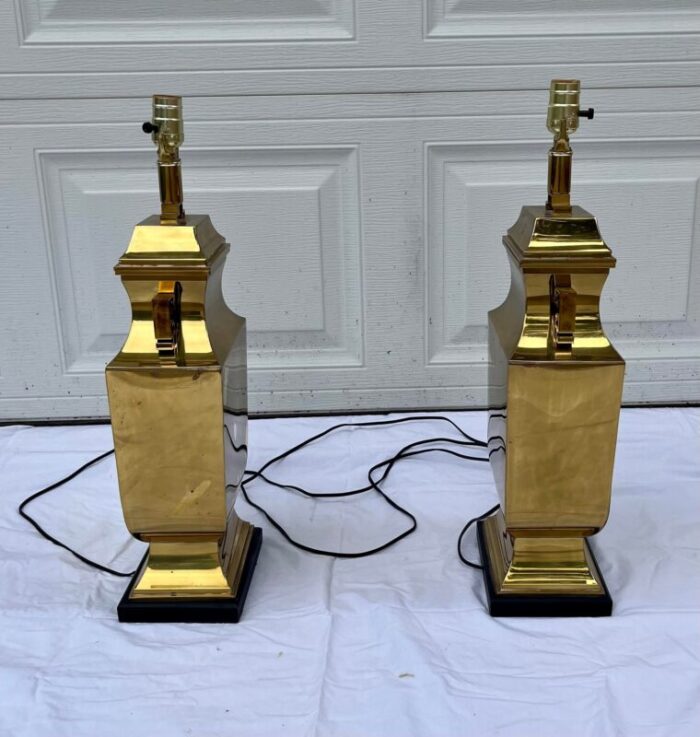 mid 20th century brass chinese tall urn lamps on wood base pair 1544