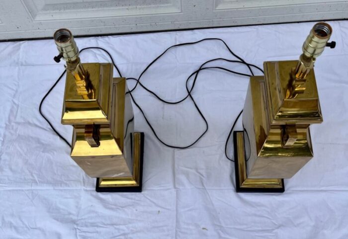 mid 20th century brass chinese tall urn lamps on wood base pair 2006