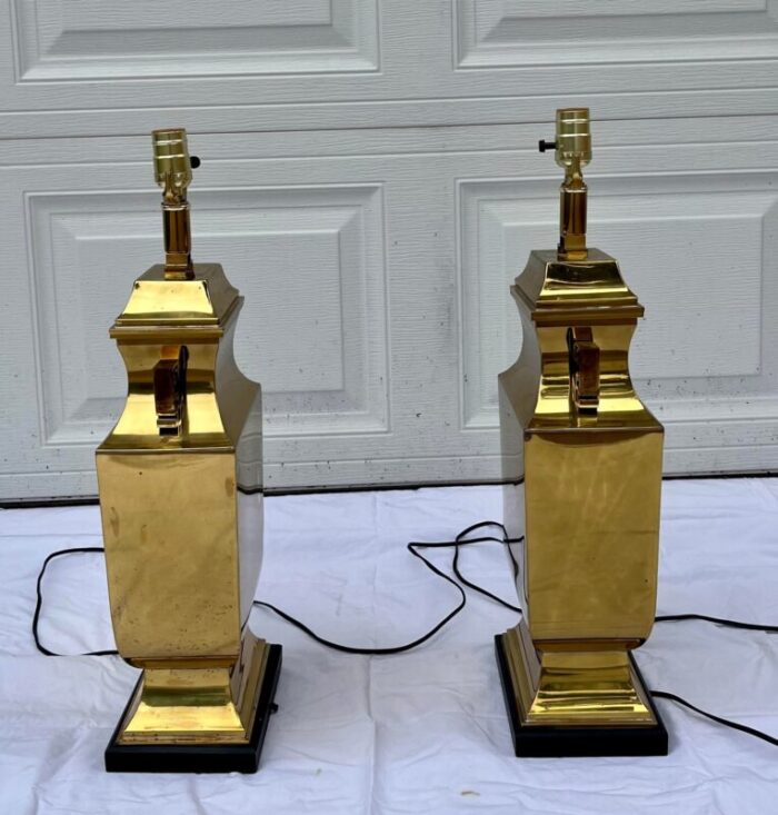 mid 20th century brass chinese tall urn lamps on wood base pair 5375