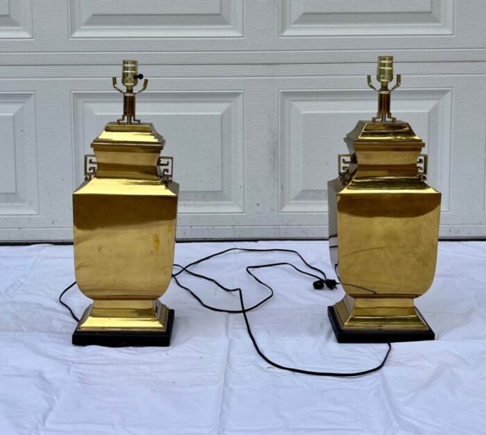 mid 20th century brass chinese tall urn lamps on wood base pair 8198