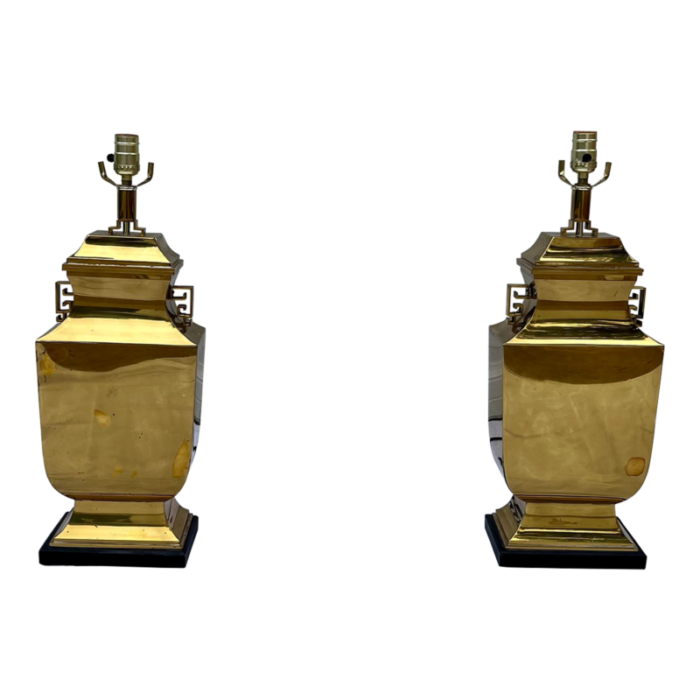 mid 20th century brass chinese tall urn lamps on wood base pair 8805