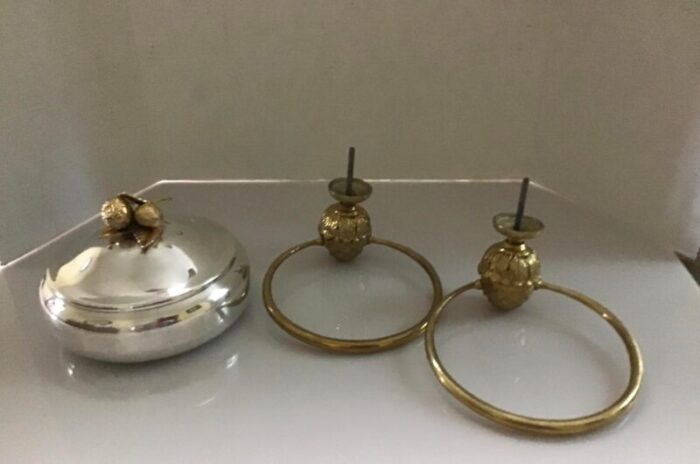 mid 20th century french style brass acorn towel ring holder and silver plate powder dish lid set 3 0279