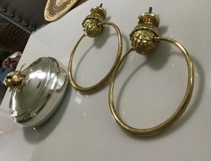 mid 20th century french style brass acorn towel ring holder and silver plate powder dish lid set 3 0368