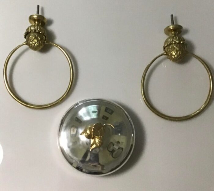 mid 20th century french style brass acorn towel ring holder and silver plate powder dish lid set 3 2389