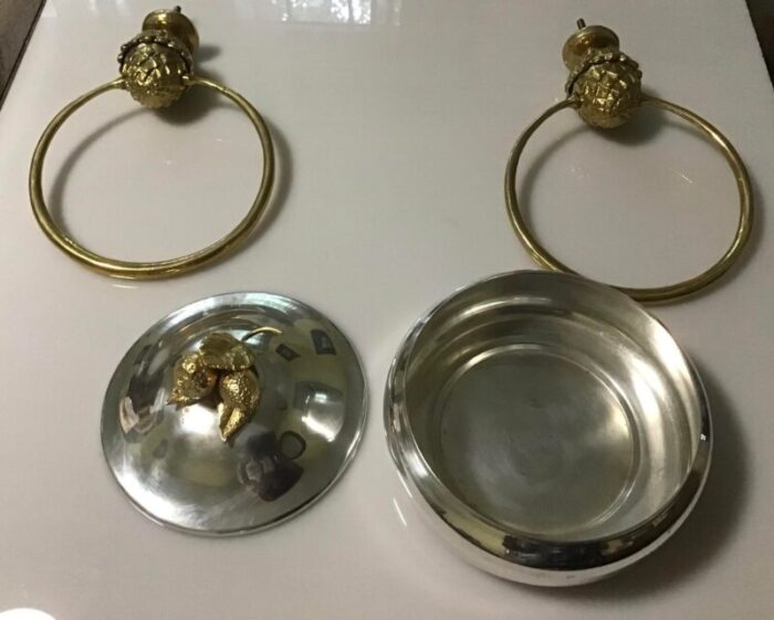 mid 20th century french style brass acorn towel ring holder and silver plate powder dish lid set 3 2689