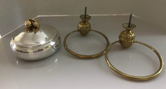 mid 20th century french style brass acorn towel ring holder and silver plate powder dish lid set 3 4256