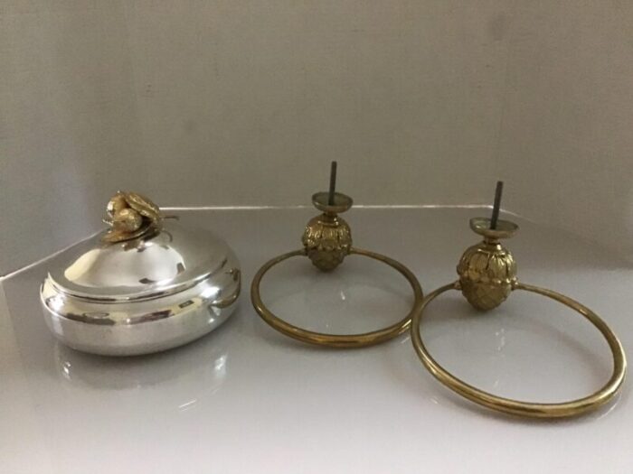 mid 20th century french style brass acorn towel ring holder and silver plate powder dish lid set 3 7211