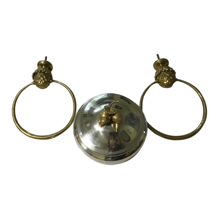 mid 20th century french style brass acorn towel ring holder and silver plate powder dish lid set 3 8852