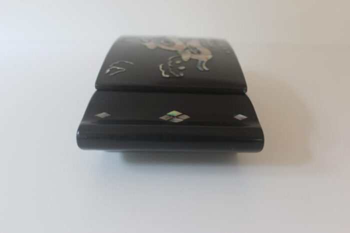 mid 20th century vintage black lacquer and abalone shell lidded trinket box with mid century modern deer inlay 6884