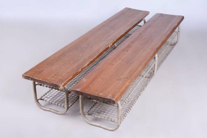 mid century benches in lacquered steel and spruce czech 1950s set of 2 2579