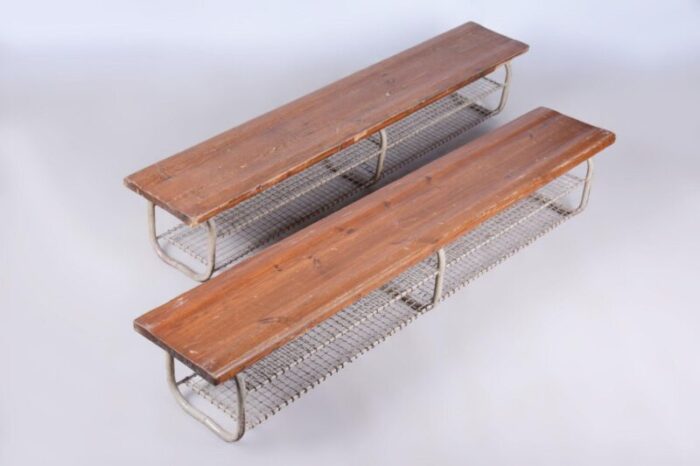 mid century benches in lacquered steel and spruce czech 1950s set of 2 3247