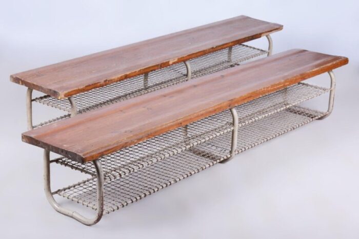 mid century benches in lacquered steel and spruce czech 1950s set of 2 5630