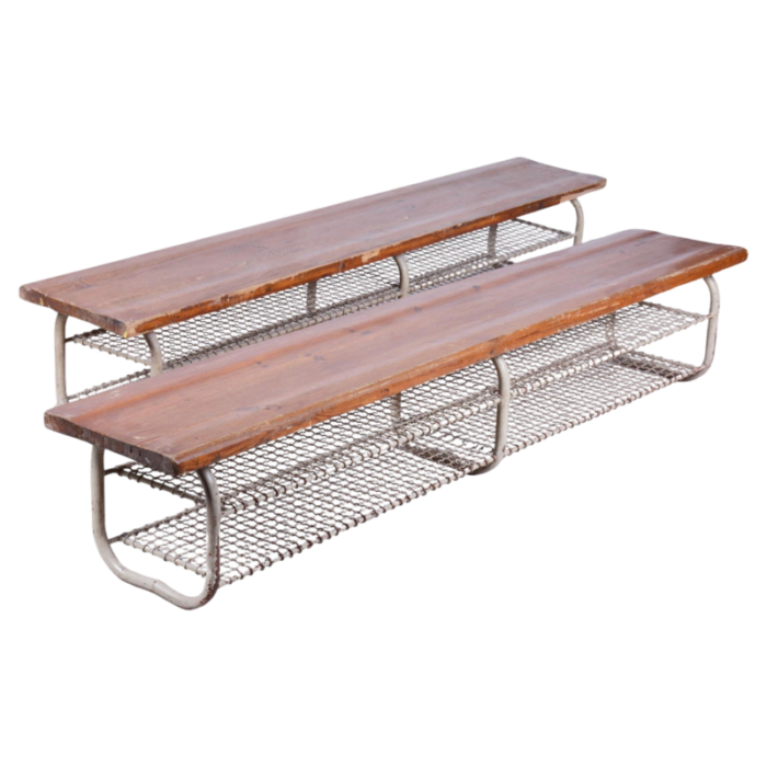 mid century benches in lacquered steel and spruce czech 1950s set of 2 5698