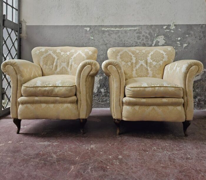 mid century italian armchairs in damask fabric set of 2 1806