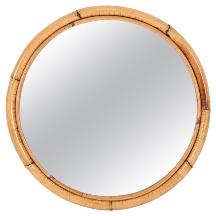 mid century italian round mirror with double bamboo and cane frame 1970s 1