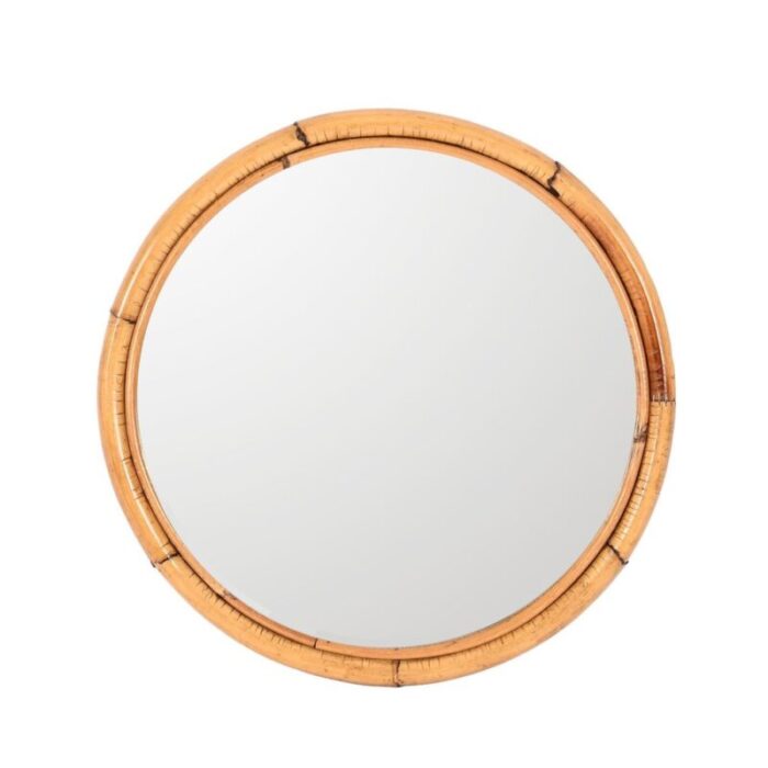 mid century italian round mirror with double bamboo and cane frame 1970s 5