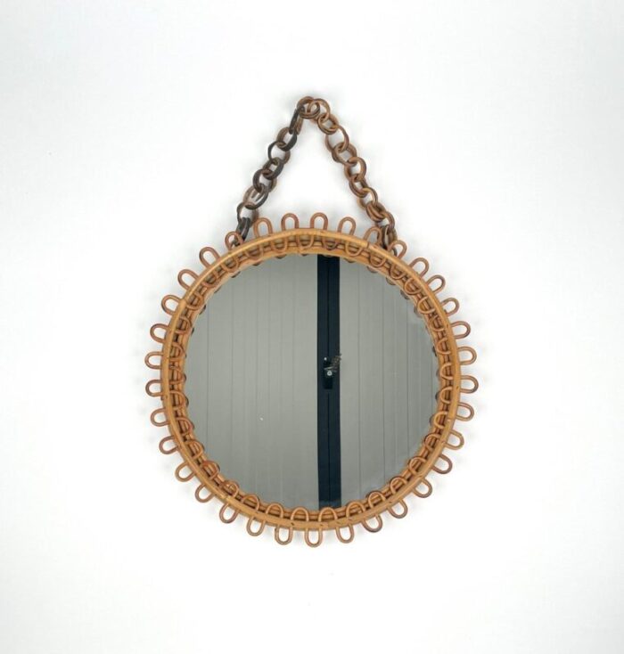 mid century italian wall mirror in rattan and bamboo with chain 1960s 2