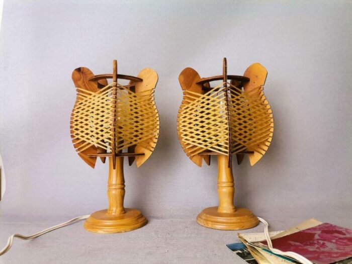 mid century portuguese rustic wooden table lamps 1960s set of 2 1067