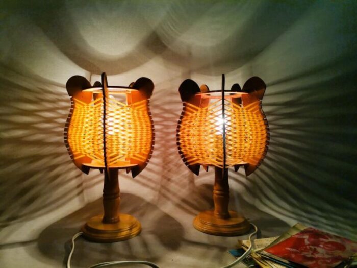 mid century portuguese rustic wooden table lamps 1960s set of 2 3749