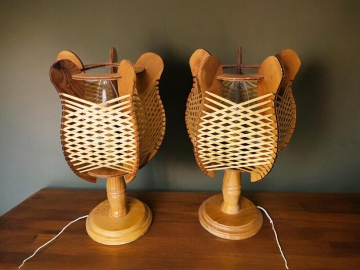 mid century portuguese rustic wooden table lamps 1960s set of 2 5679