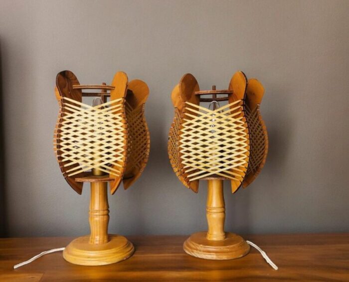 mid century portuguese rustic wooden table lamps 1960s set of 2 7210