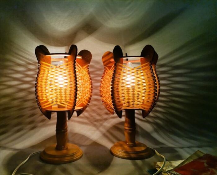 mid century portuguese rustic wooden table lamps 1960s set of 2 7586