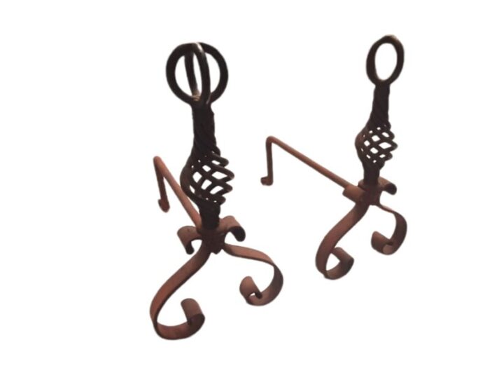 mid century spanish wrought iron andirons or firedogs set of 2 1