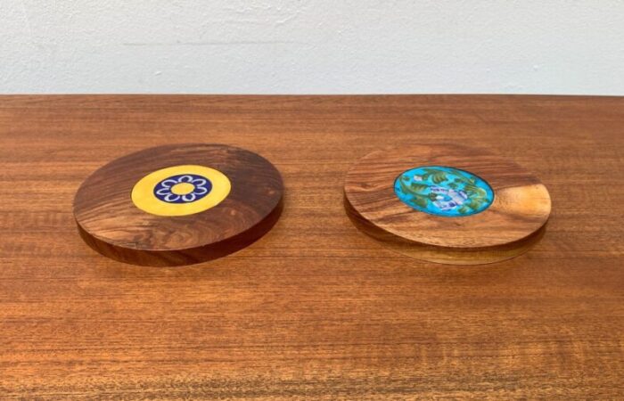 mid century wooden and ceramic plates 1960s set of 2 12