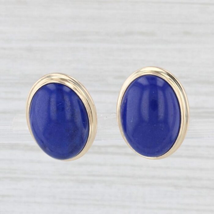 mings blue lapis lazuli drop earrings 14k yellow gold oval cabochon omega backs 0347