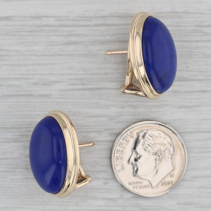 mings blue lapis lazuli drop earrings 14k yellow gold oval cabochon omega backs 2029