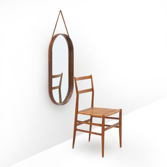 mirror with wooden frame and leather strap 1960s 0785