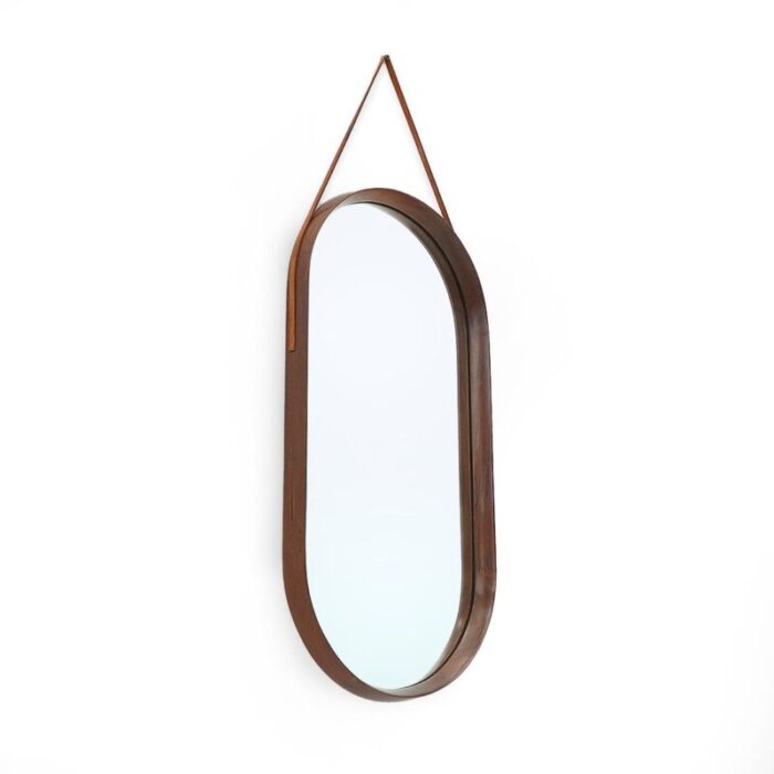 mirror with wooden frame and leather strap 1960s 2551